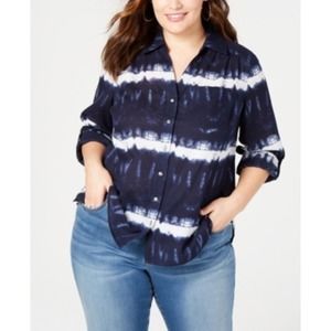INC International Concepts Plus Size Cotton Tie Dye Button-Up Shirt 2X